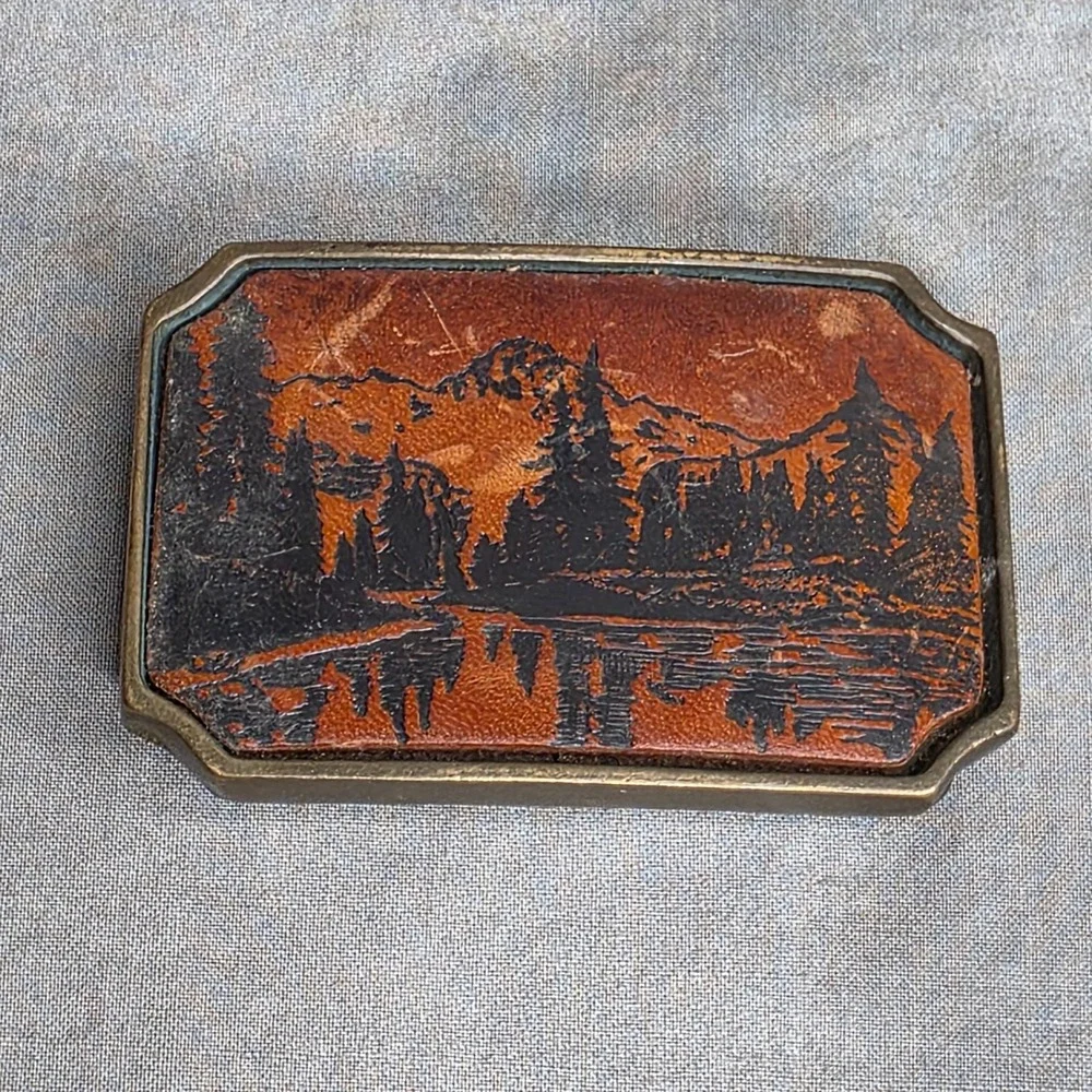 Belt Buckle Vintage Solid Brass Leather‎ Mountain Lake Scenic BTS Made in USA